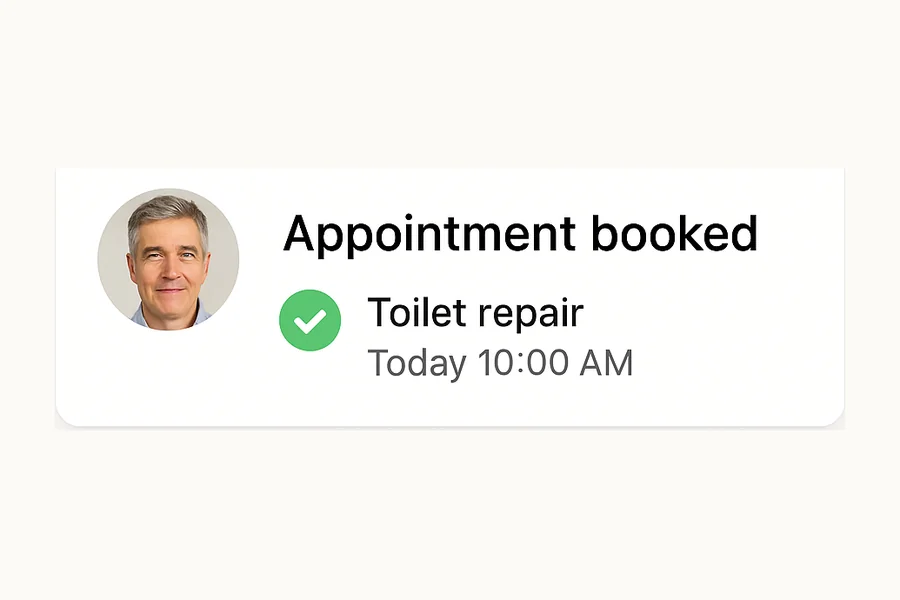 Appointment booked: toilet repair, today at 10:00 AM