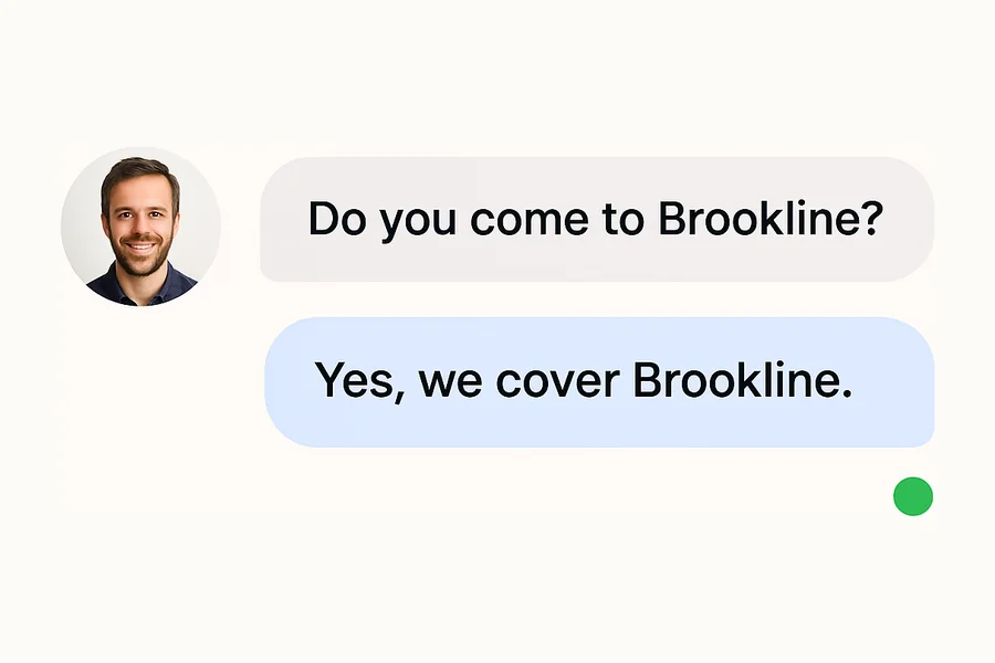 A caller asks if the business comes to Brookline, and ForkX replies that it does
