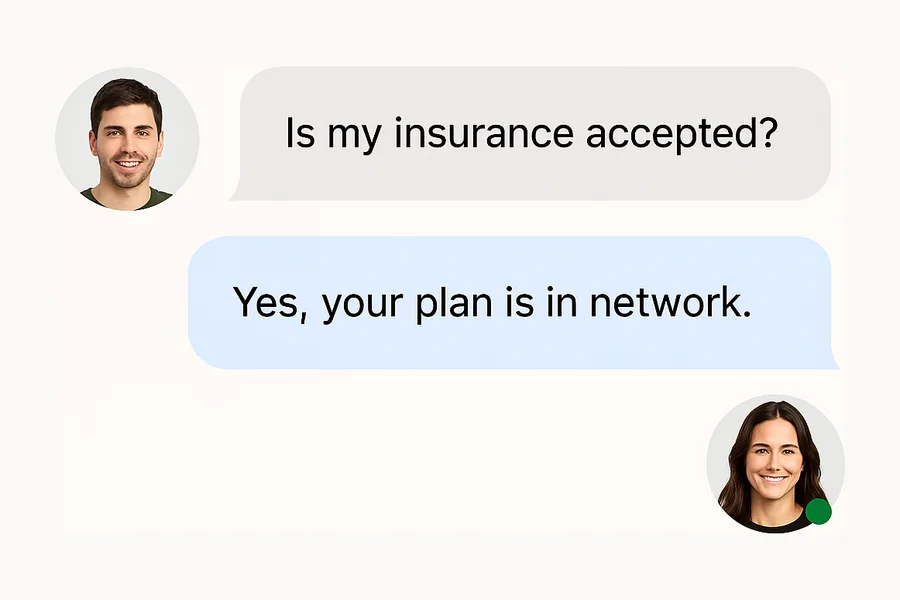 A patient asks about insurance, and ForkX replies that the plan is in network